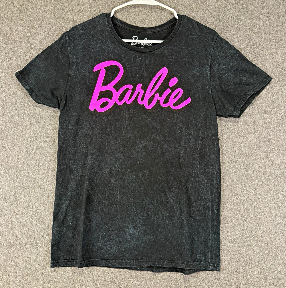 Barbie Womens Medium Black Acid Wash Graphic T Shirt Pink Logo Mattel Tee